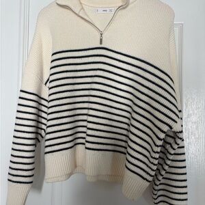 Mango Cream and Black Striped quarter zip Sweater